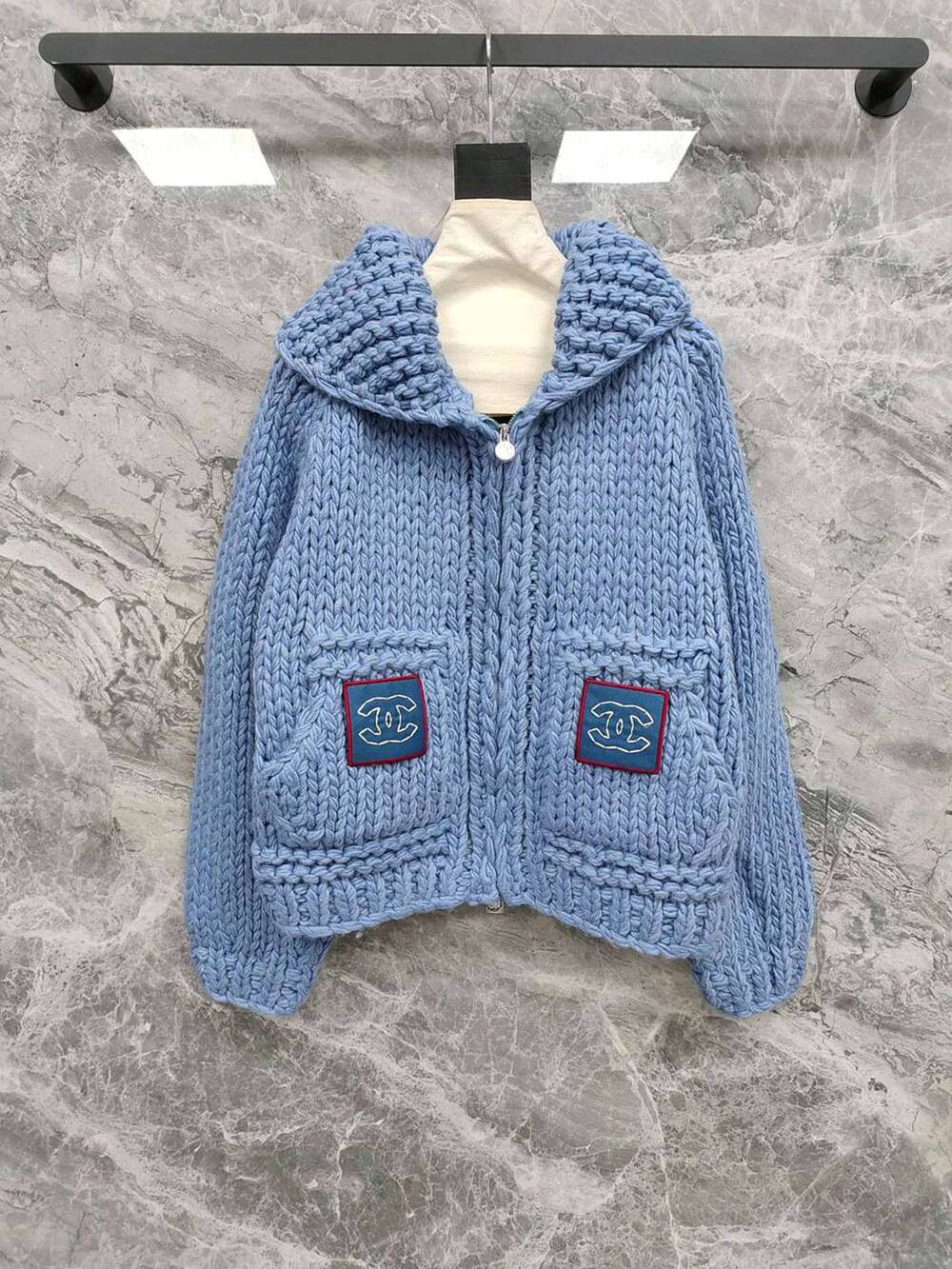 Chanel Light Blue Thick Knit Cardigan CC Red‑Trim Patch Pockets